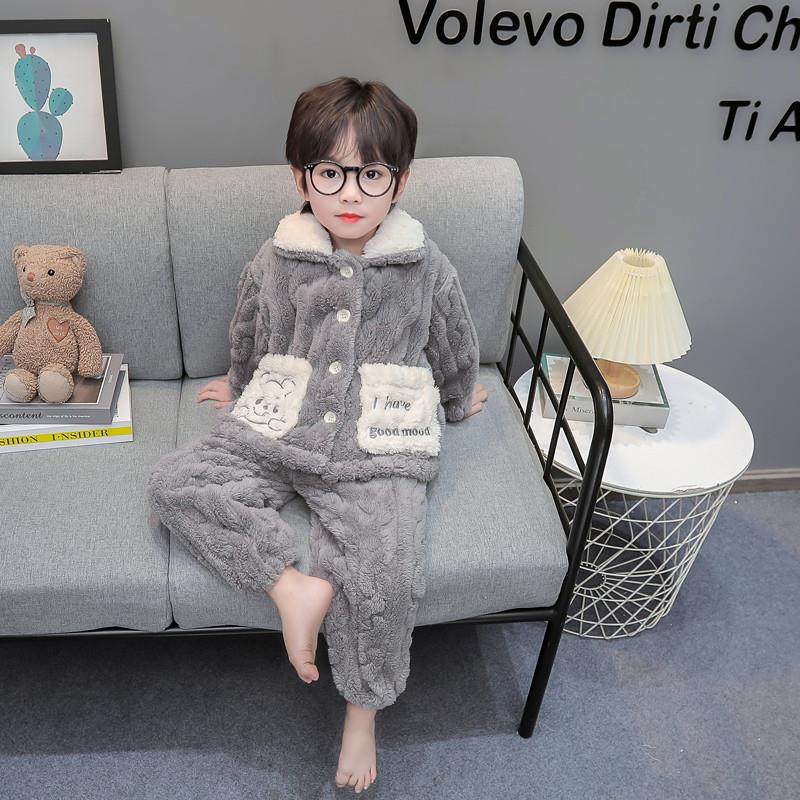 男童睡衣秋冬季珊瑚绒加绒款套装儿童男孩法兰绒小宝宝开衫家居服