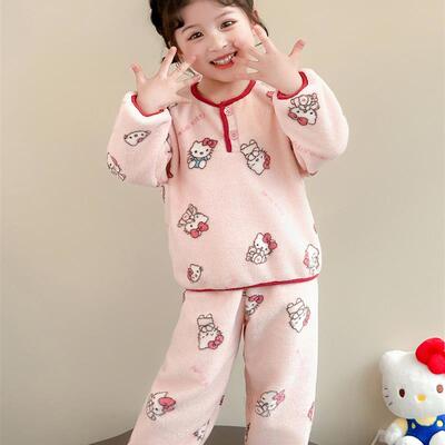 女童kt猫睡衣秋冬季2025新款儿童法兰绒家居服可爱宝宝珊瑚绒套装