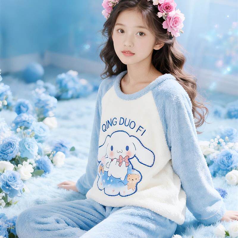 中大童加厚保暖法兰绒睡衣秋冬初中生少女长袖圆领珊瑚绒女家居服