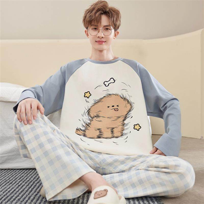 睡衣男士纯棉长袖春秋季卡通薄款青少年男款加大码学生家居服套装