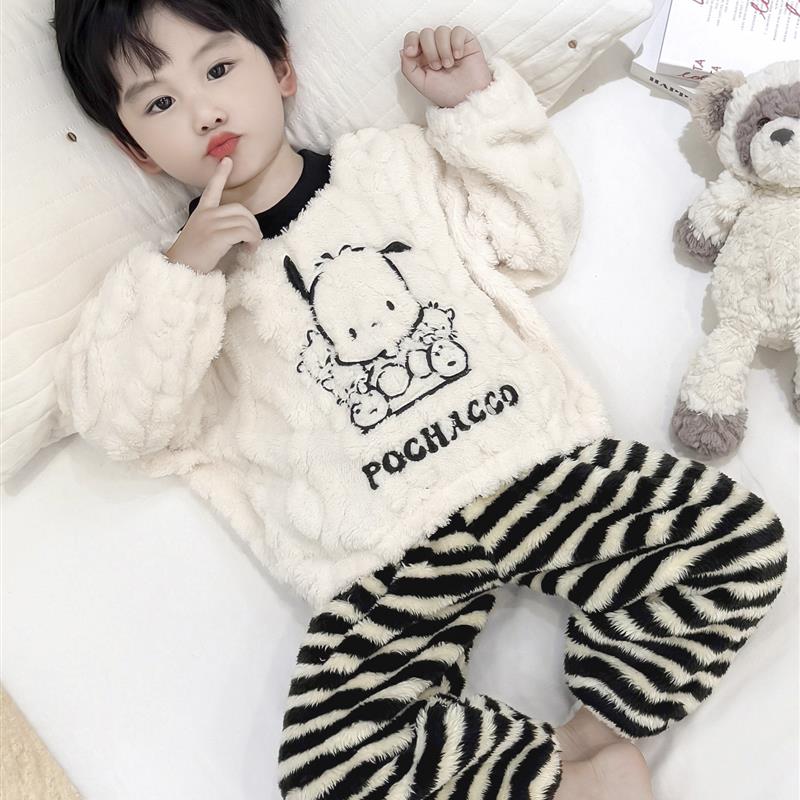 男童睡衣秋冬款珊瑚绒男宝宝条纹裤套装男孩法兰绒冬季儿童家居服