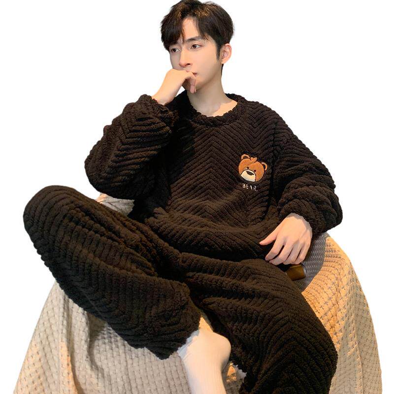 男士睡衣珊瑚绒秋冬季加绒加厚男款男生冬天保暖法兰绒家居服套装