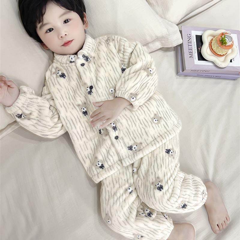 男童睡衣秋冬季法兰绒加厚珊瑚绒2025新款儿童家居服套装宝宝男孩