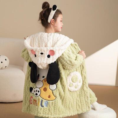 儿童睡衣女童2024秋冬季珊瑚绒睡袍长款加厚款法兰绒中大童家居服