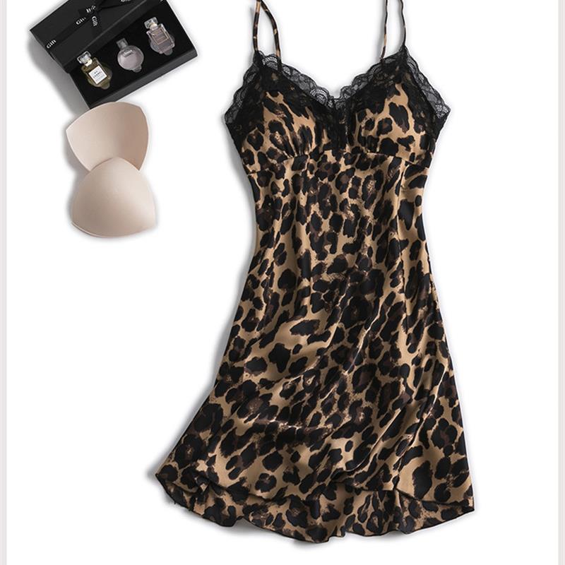 睡衣女春夏情调内衣冰丝绸性感吊带睡裙冰丝豹纹印花带胸垫家居服