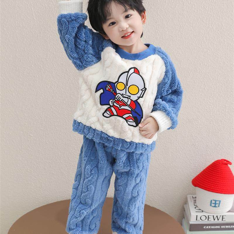 男童奥特曼睡衣秋冬季珊瑚绒加绒加厚儿童宝宝法兰绒家居服套装