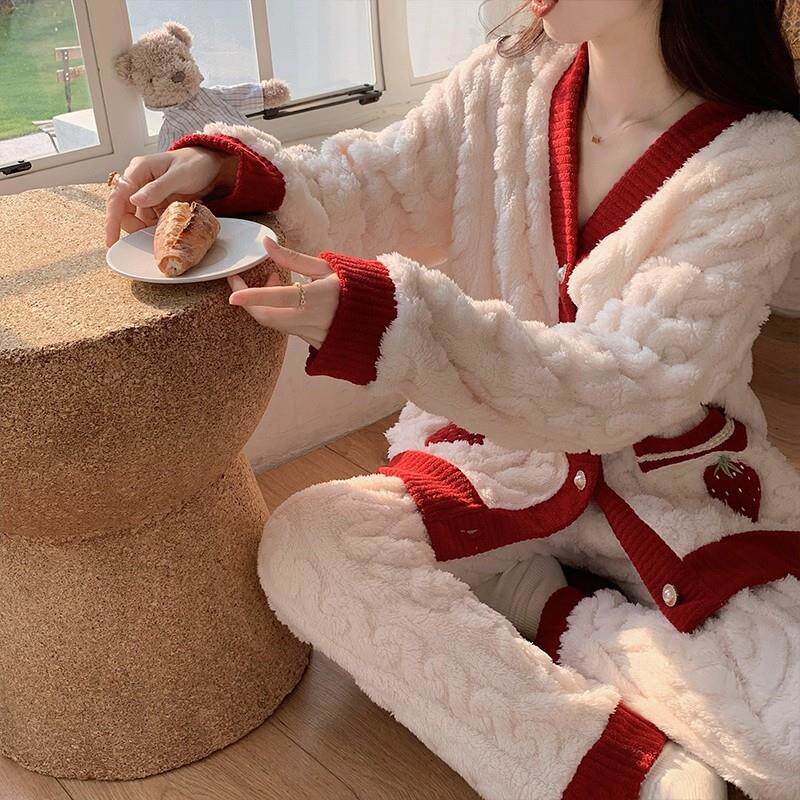 红色本命年睡衣秋冬季女款珊瑚绒甜美开衫加厚加绒2024年新款冬天