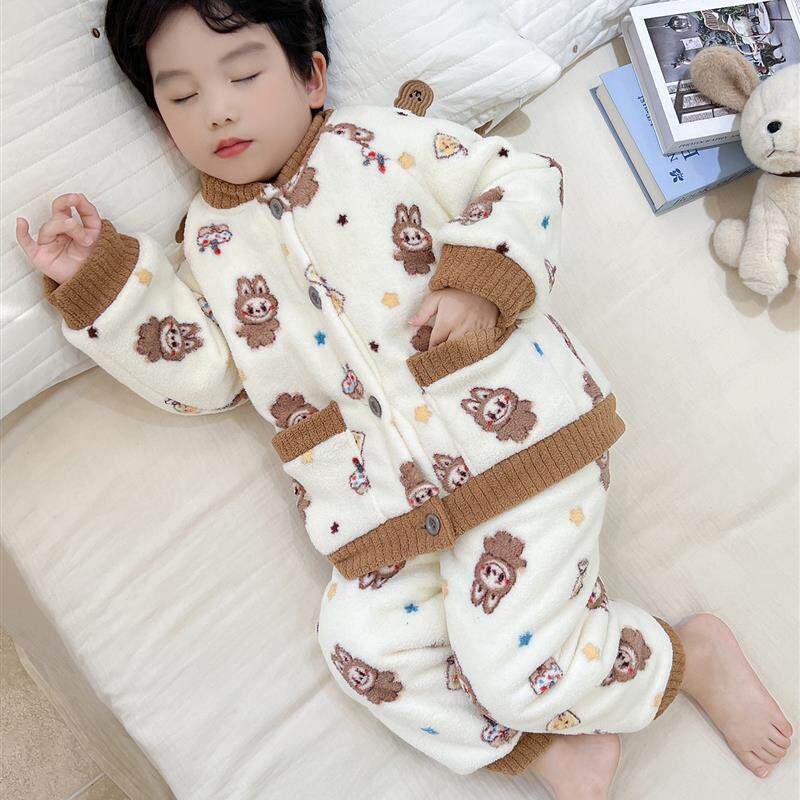 男童三层夹棉睡衣冬季儿童加厚法兰绒保暖家居服套装宝宝超厚衣服