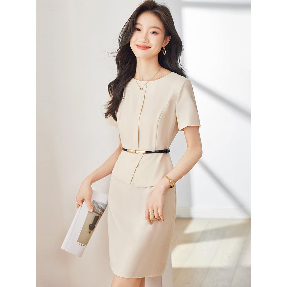 杏色雪纺春夏女式短袖连衣裙新职业装气质美容院前台工作服高端