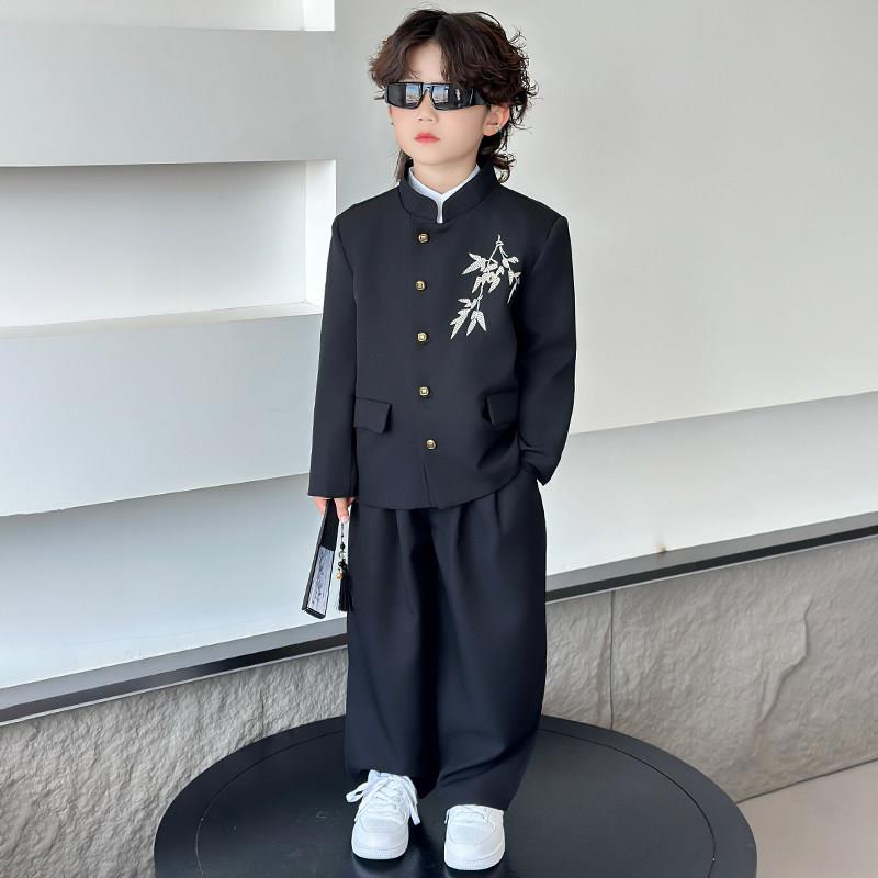 高端男童西装套装儿童复古中山装春秋新款男孩中式演出服花童西服