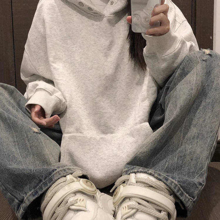 美式纽扣连帽卫衣男女秋冬加绒宽松薄款外套Button hoodie jacket