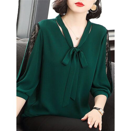 Loose plus lace solid color base shirt宽松大码蕾丝纯色打底衫