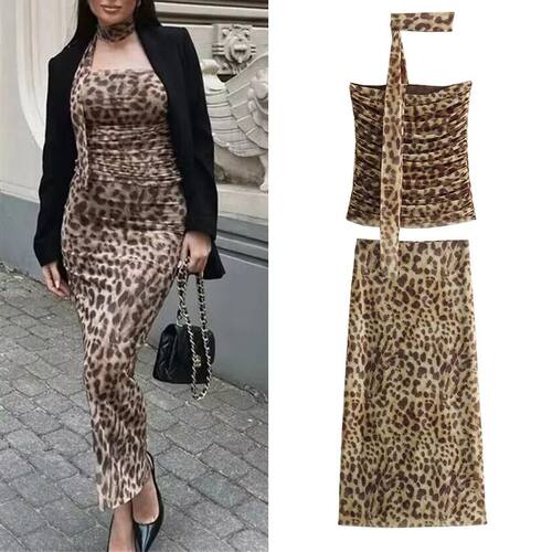 Sexy leopard print slim fit set for women 豹纹印花修身套装女