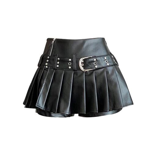 Low waisted leather skirt A-line pleated skirt低腰皮裙百褶裙