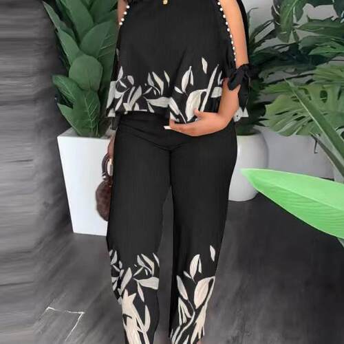 Two piece set of round neck printed pants 圆领印花长裤两件套