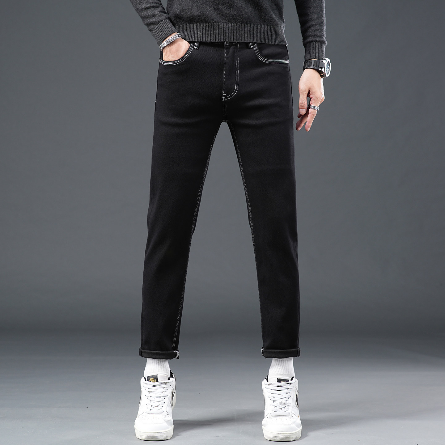高端潮牌冬季黑色牛仔裤男款修身小脚九分裤直筒弹力百搭休闲长裤,男装,牛仔裤,淘宝优惠券,粉丝福利购,淘宝优惠卷