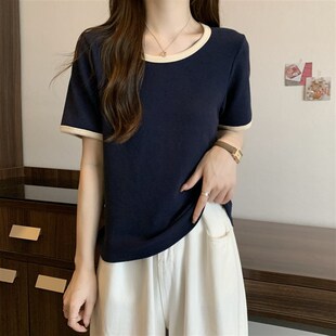 速发撞色螺纹圆领夏袖恤正季减龄洋气宽松百搭半肩大领口上衣