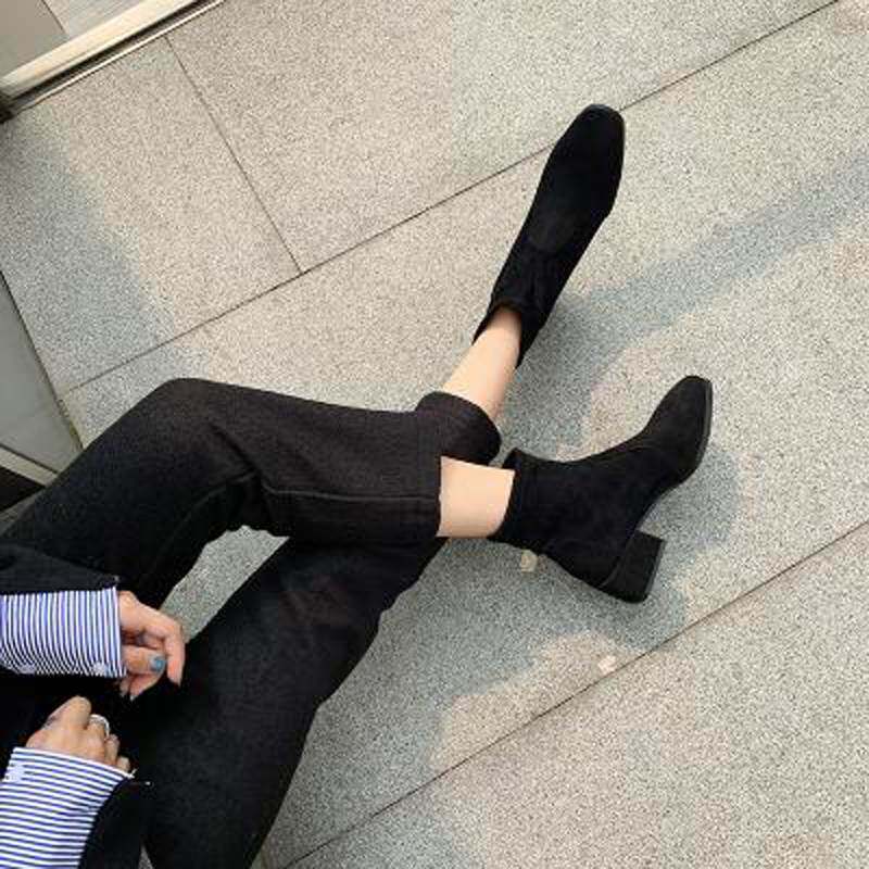 速发202单年秋冬版款百搭弹力瘦瘦0靴韩新粗跟小短靴中跟袜靴潮