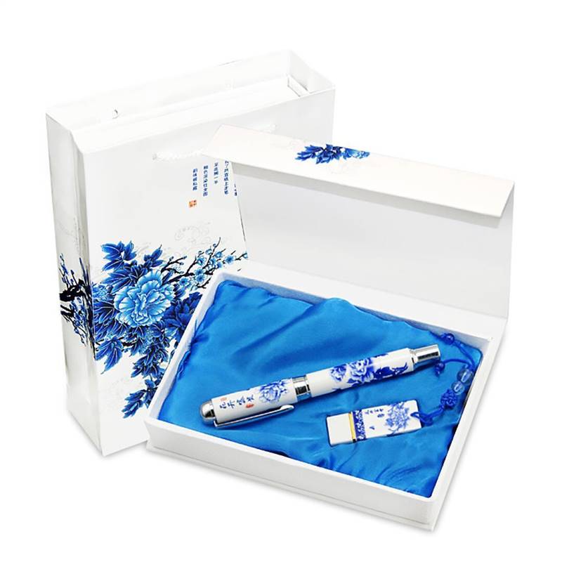 现货速发青花瓷创意礼品 商务礼品签字笔钢笔 8gu套装盘中国风 陶