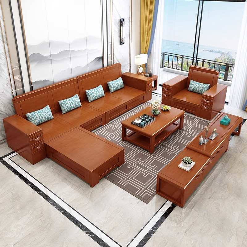 速发实木新发沙中户简约冬夏两用小式型客厅贵妃储物组合家具