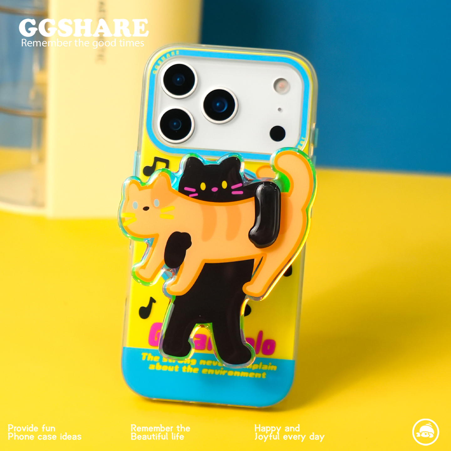 GGSHARE原创吉他猫17promax苹果手机壳新款15带磁吸支架 iphone13手机套适用14双层全包高级感女生可爱手腕绳