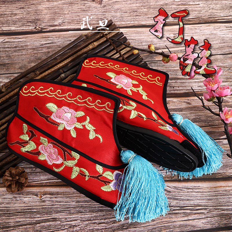 速发 剧戏曲古风鞋子越京剧 剧平底绣花彩快戏武旦靴 战靴 打彩鞋