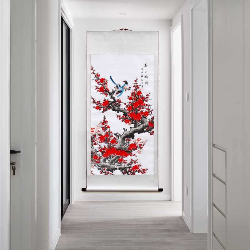 现货4Y新中式国画梅花图客厅装饰字画水墨画喜上眉梢四.尺竖幅花