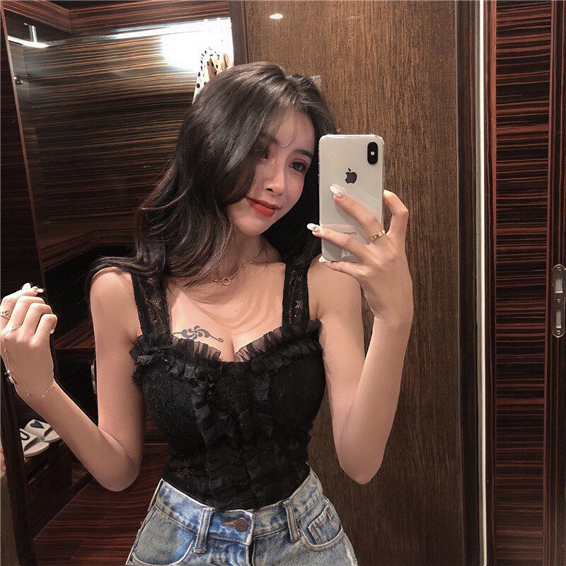 现货网红吊带女夏季内搭感外穿无袖低胸蕾丝拼接Z木耳边上衣