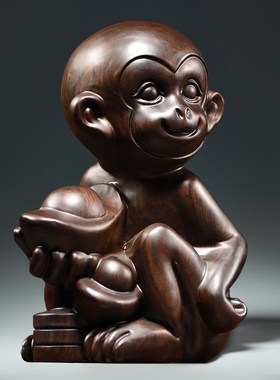 速发黑檀木雕猴子招财摆件家居饰品十二生送工艺品桌日肖礼生面客