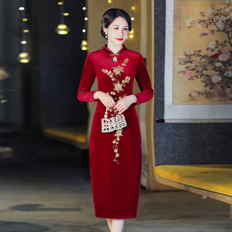 速发中国风改良旗裙金丝绒袍子高贵风婚宴礼红敬酒服酒服色连衣裙