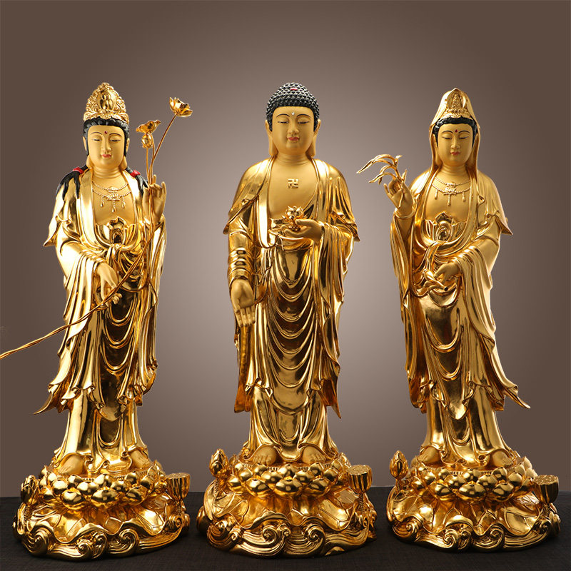 速发西方菩圣纯铜像阿弥陀佛站像观音三萨佛像大像至神势供奉摆件