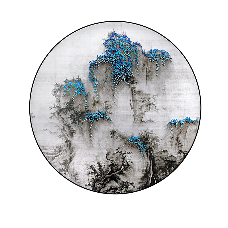 速发新中式圆形装饰画入户玄关山水立体钉子画走廊客厅茶室墙壁挂图片