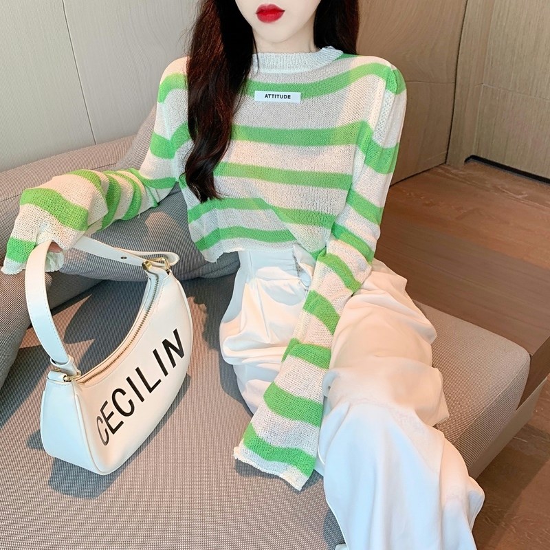 速发港风ch条防长袖薄款针织纹晒衫t恤夏季高腰露脐短款服衣上潮