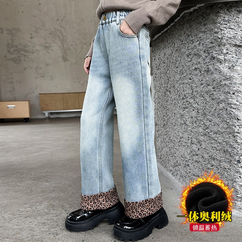现货女童牛仔裤冬季加绒裤子2024新款儿童中大童小女孩阔腿裤长裤