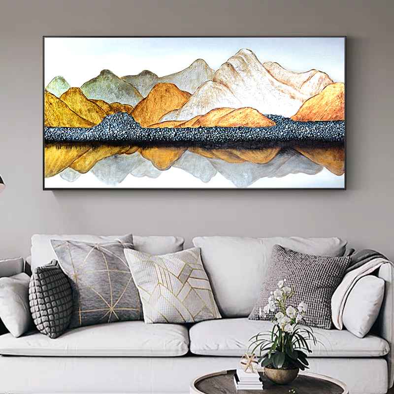 速发纯手绘油画创意石头装饰画金山银山挂画客厅金箔色山水画手工图片