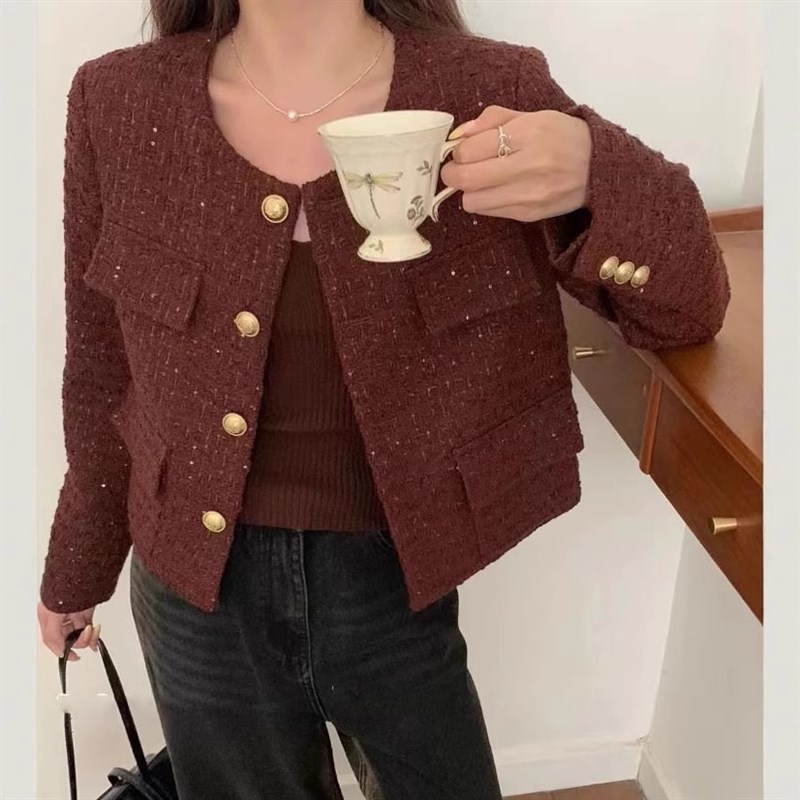 现货法式小香风粗花呢外套女圆领西装2024秋季新款洋气名媛风短款