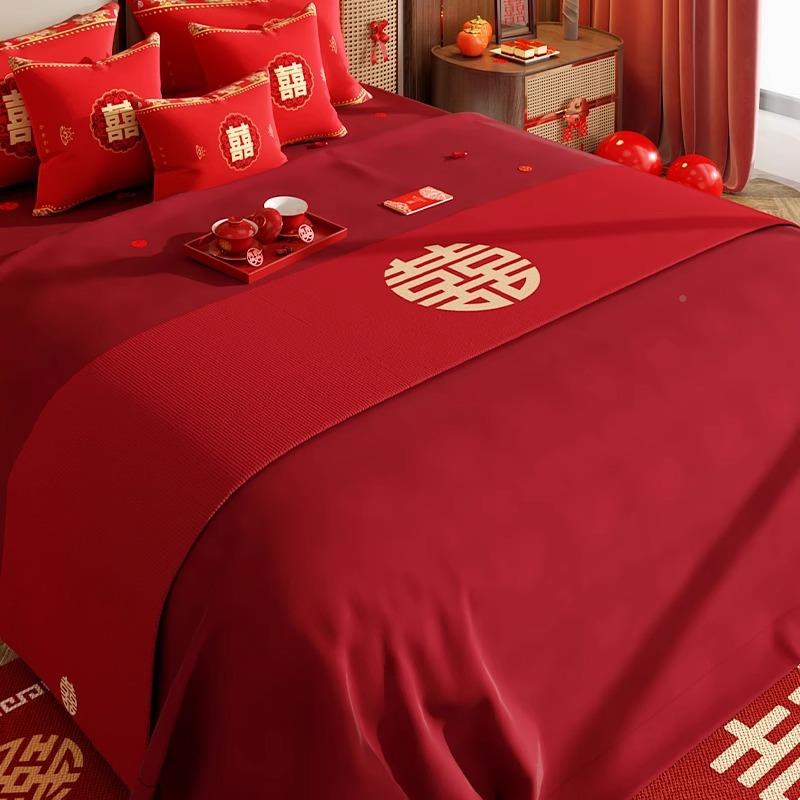 民宿装饰店床盖床上用品婚喜庆新婚结婚房床旗酒搭VPZ巾床尾红色