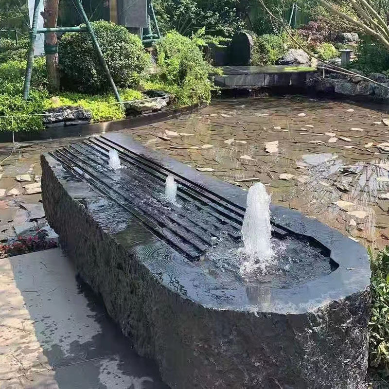 中式黑山石流水石雕养鱼池水钵