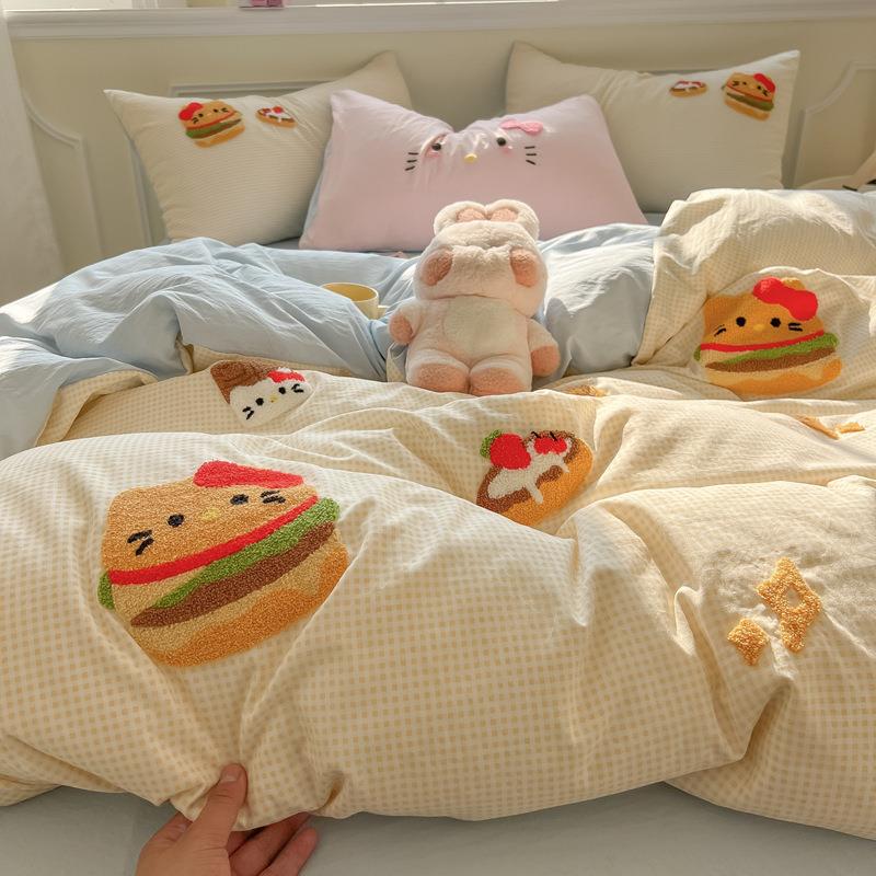 025款毛巾绣水洗棉猫咪系列加四件套家用床2品床单款床SCM笠磨款