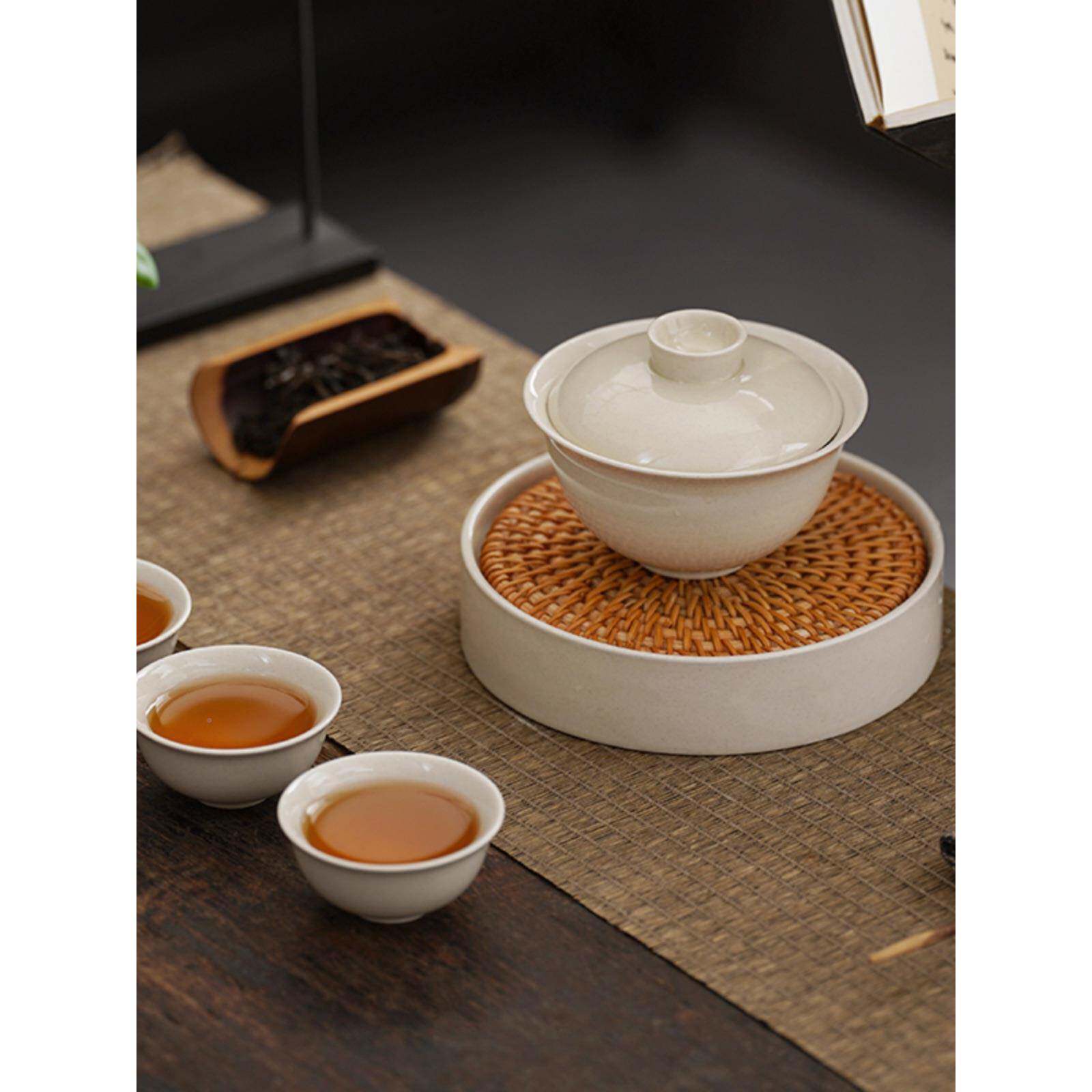 陶盘瓷养壶承茶具YFG储托水干泡台托盘藤编手工日式盘建茶水茶道