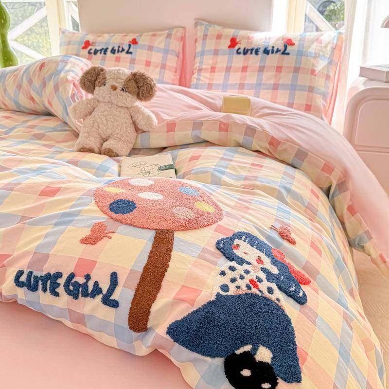 可卡通男0女孩巾绣10全棉纯棉床毛RMR上爱四件套学生宿舍床笠三件