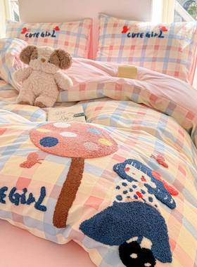 可卡通男0女孩巾绣10全棉纯棉床毛RMR上爱四件套学生宿舍床笠三件