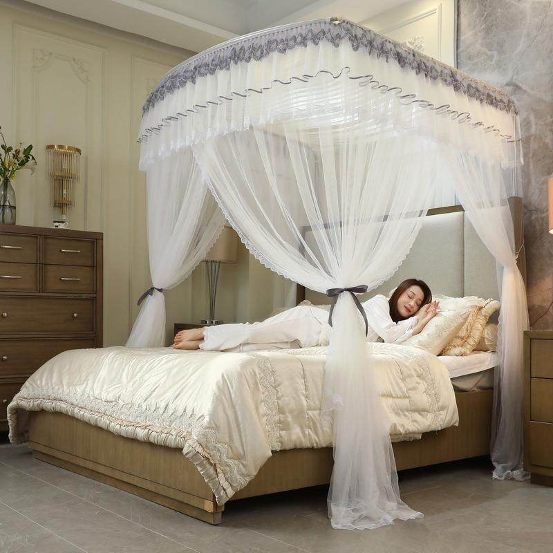 u型可伸缩蚊帐家用1米8床开三OOW门地纹帐带支落架宫防蚊廷文帐1