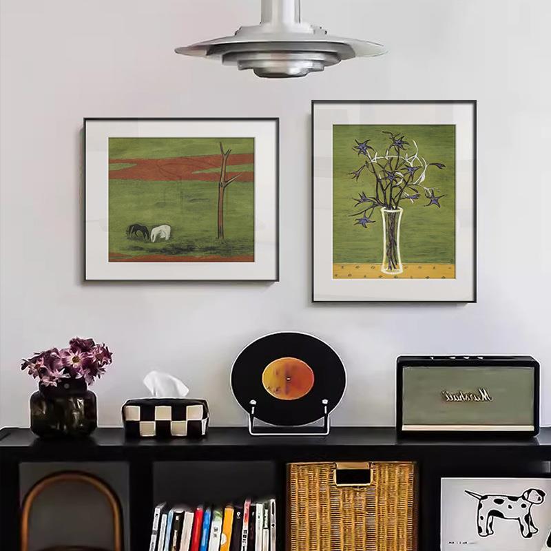 常卉QZP玉中古客厅装饰画植物花餐厅餐边柜画枯树摆双马绿风色系