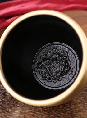 做旧金蟾百福招财聚财富3贵有余缸几铜缸缸摆件精属雕金工茶艺品