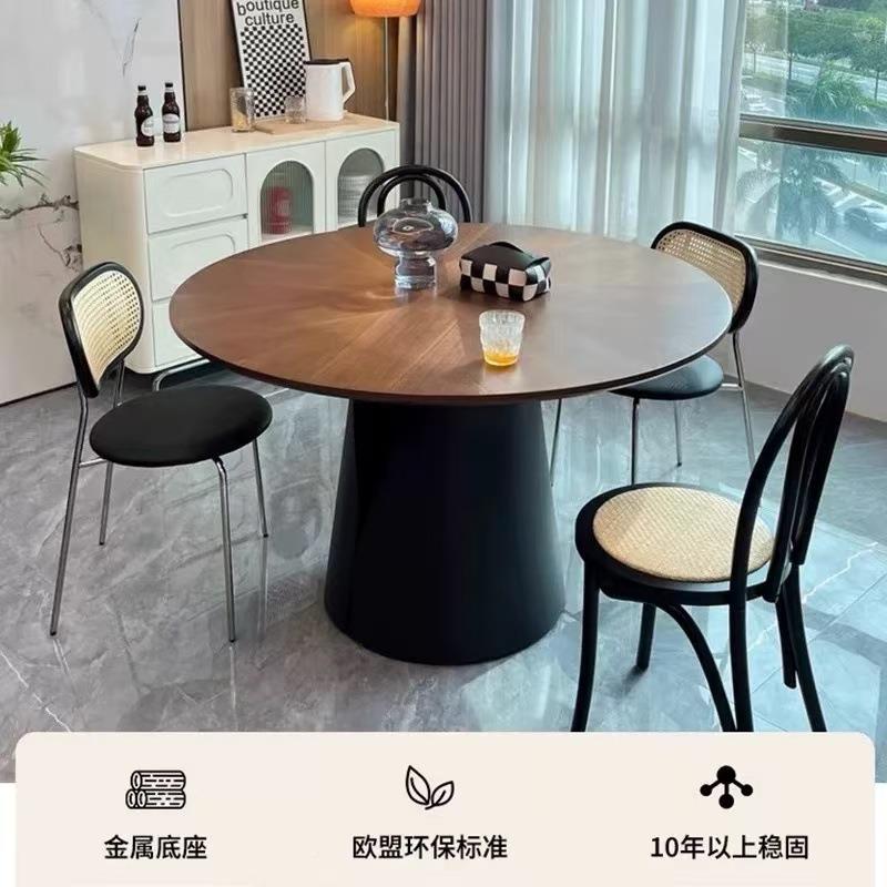 复实木古圆形餐桌椅黑胡桃木拼花中古式SQE风美家用小户型圆带桌