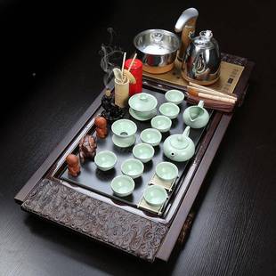 整套家HXM用套客紫功夫陶瓷茶具装 实木茶盘茶具祥厅云砂万福茶盘