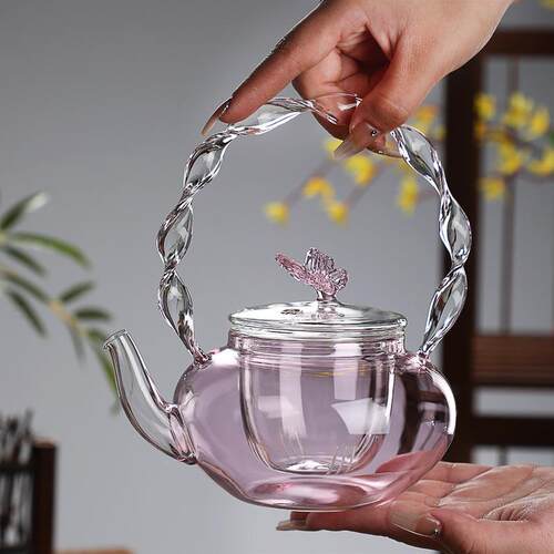 加收手作萌妹子粉色梁壶煮茶壶蝴蝶壶厚藏耐热玻NOW璃壶茶道提茶