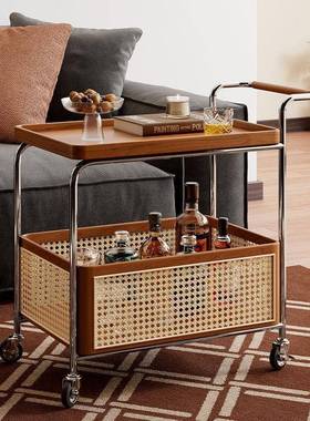 Q可艩4Q艩4实木移动几不锈钢边收纳中小推车客厅DDO储古物藤编置