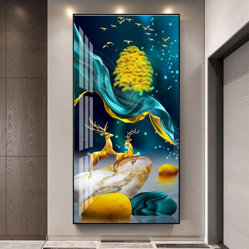 天台华莲现代轻高档入户玄奢关装PGO饰画挂画正对门过道走壁廊山